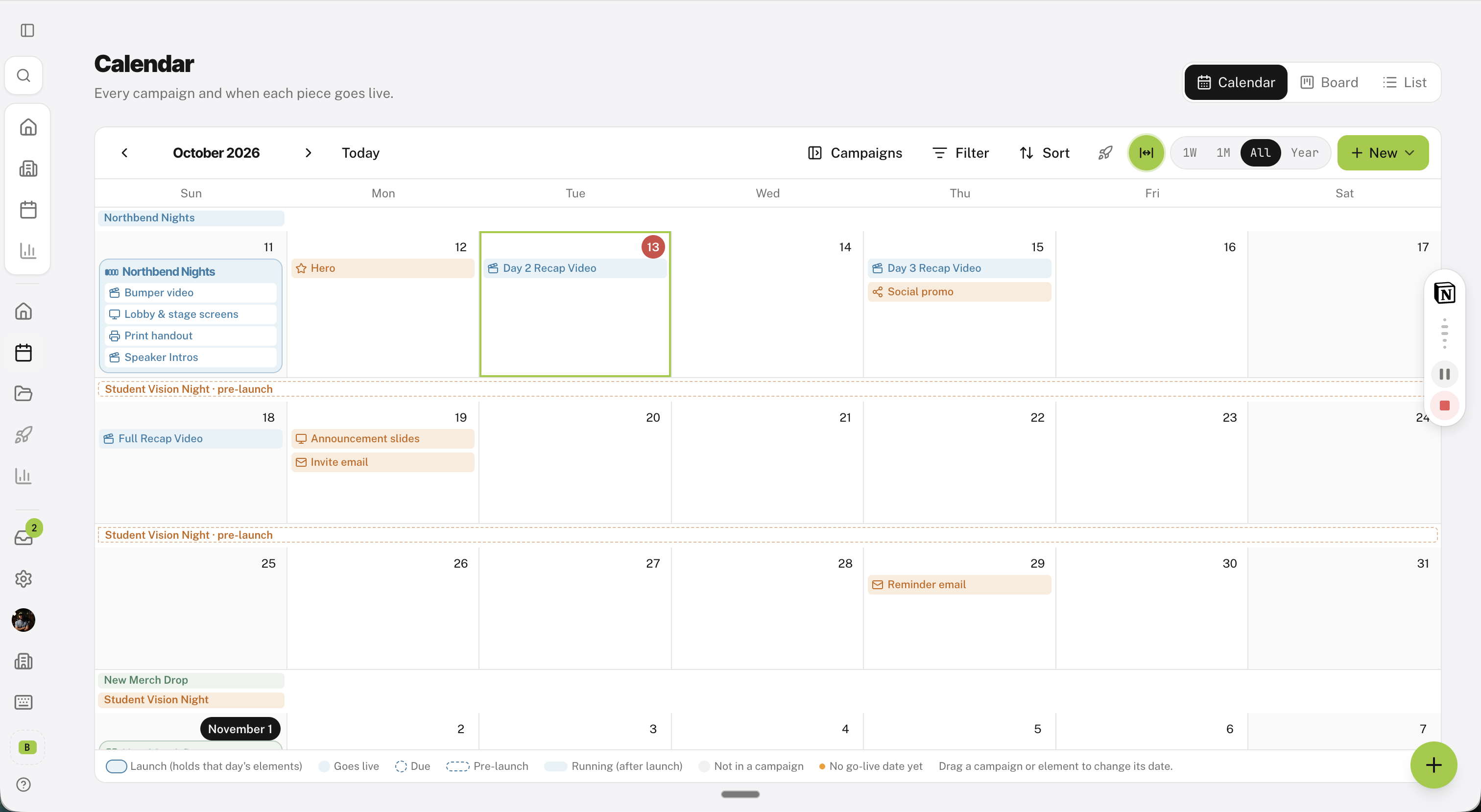 Liftoff calendar view showing a month of church campaigns